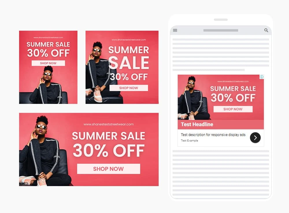 Display ad example showing a summer sale creative in different sizes and on a mobile website