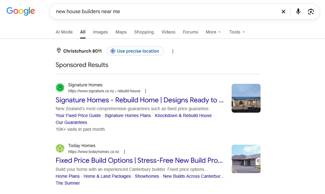 Google Search results for new house builders near me, showing sponsored listings in Christchurch
