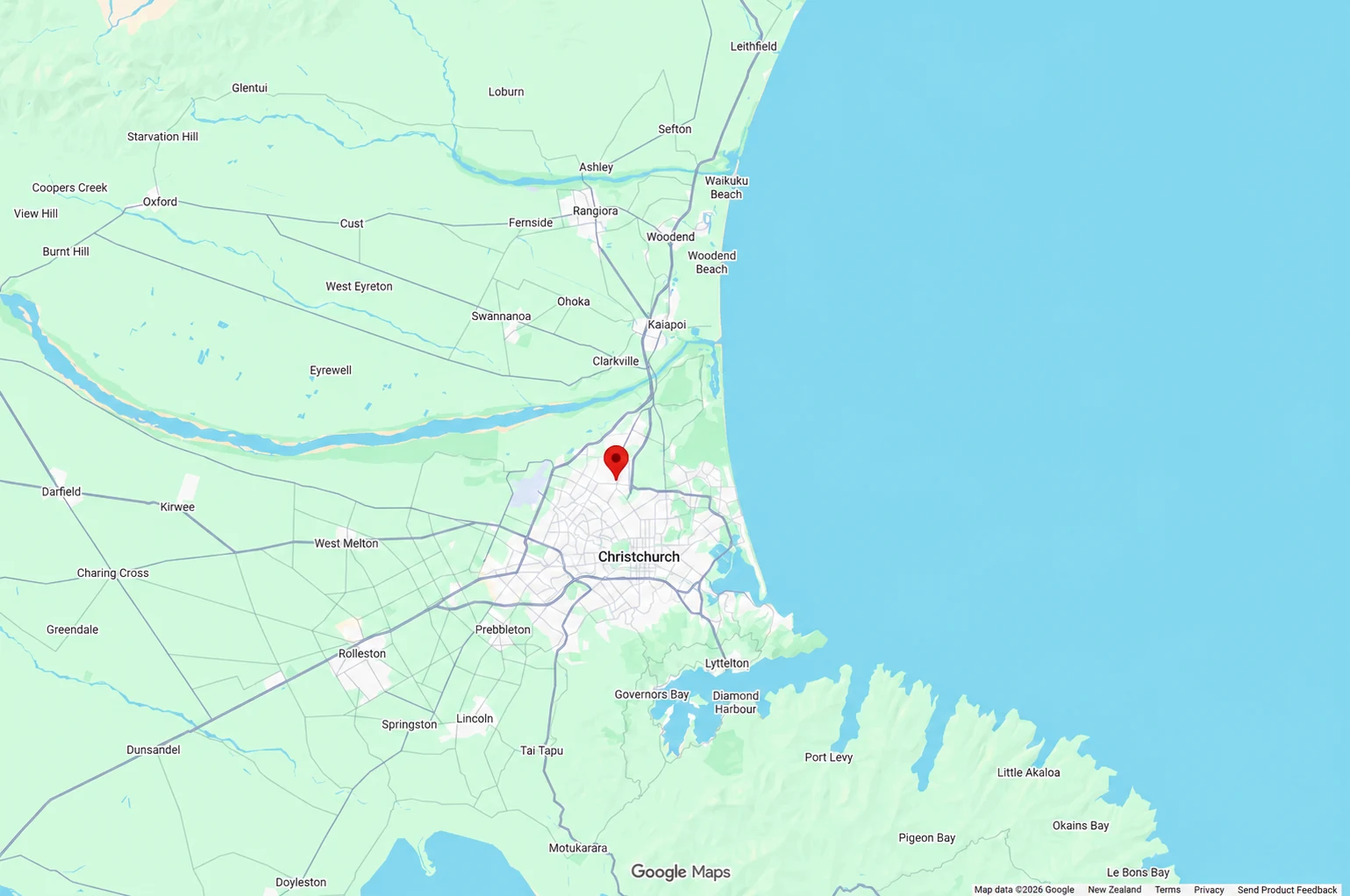 Map showing Christchurch, Rangiora, Kaiapoi, Rolleston, Lincoln and nearby towns, with a red location pin